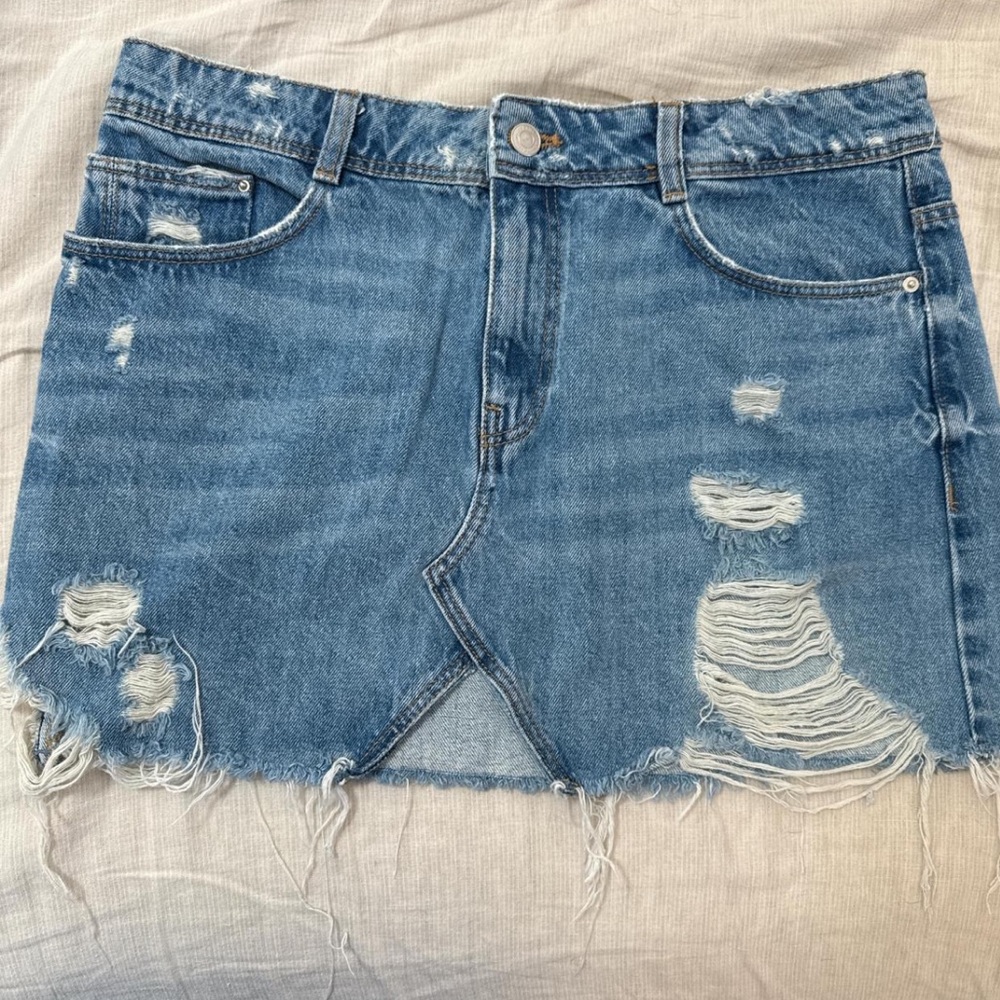 Zara distressed denim mini skirt